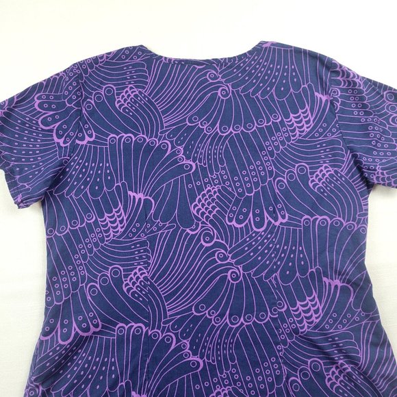 NRG Blue and Purple Feather Floral Print Scrub Top by Barco - Large - Picture 7 of 9
